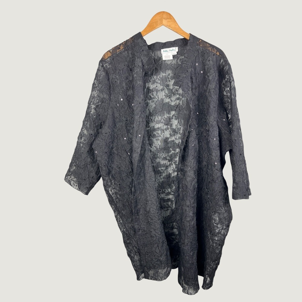 Ulla Popken Cardigan 20 Black Lace Sequin Duster Relaxed Fit Sheer Floral